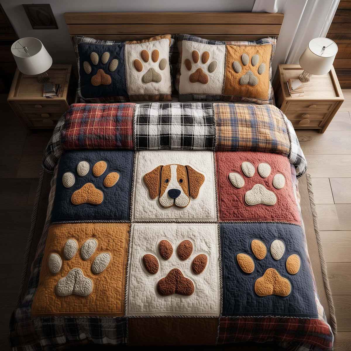 Fluffy Paws quilted 3-piece bedding set on a made bed with two matching pillow shams