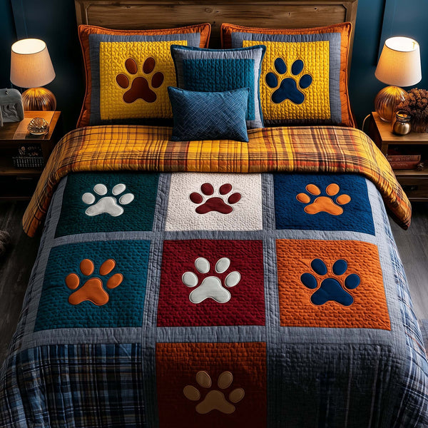 Fluffy Paws quilted 3-piece bedding set on a made bed with two matching pillow shams