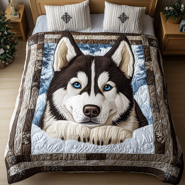 Flurry of Frost quilted 3-piece bedding set on a made bed in a winter-styled bedroom