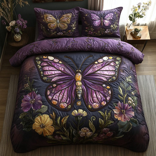 Flutter Bliss quilted 3-piece bedding set on a made bed with two matching pillow shams