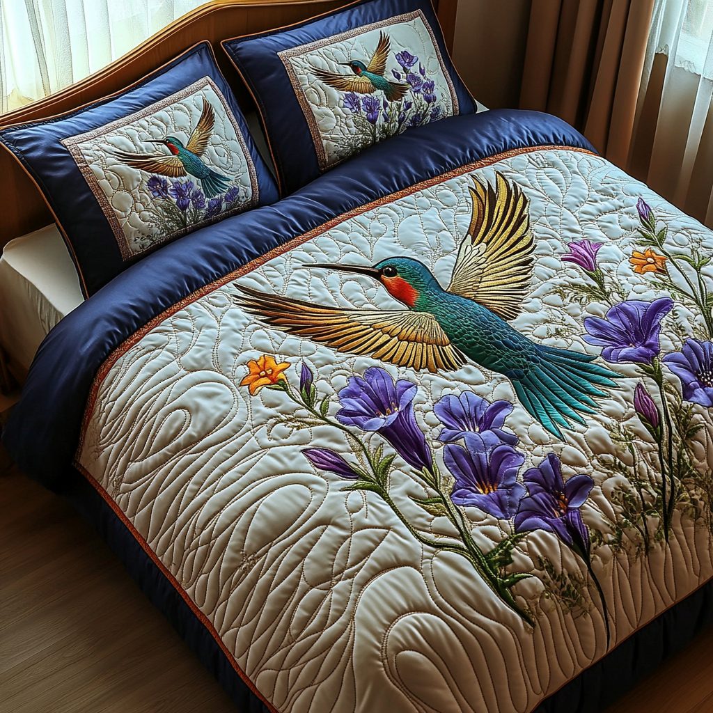 Flutter Bloom quilted 3-piece bedding set on a made bed with two matching pillow shams