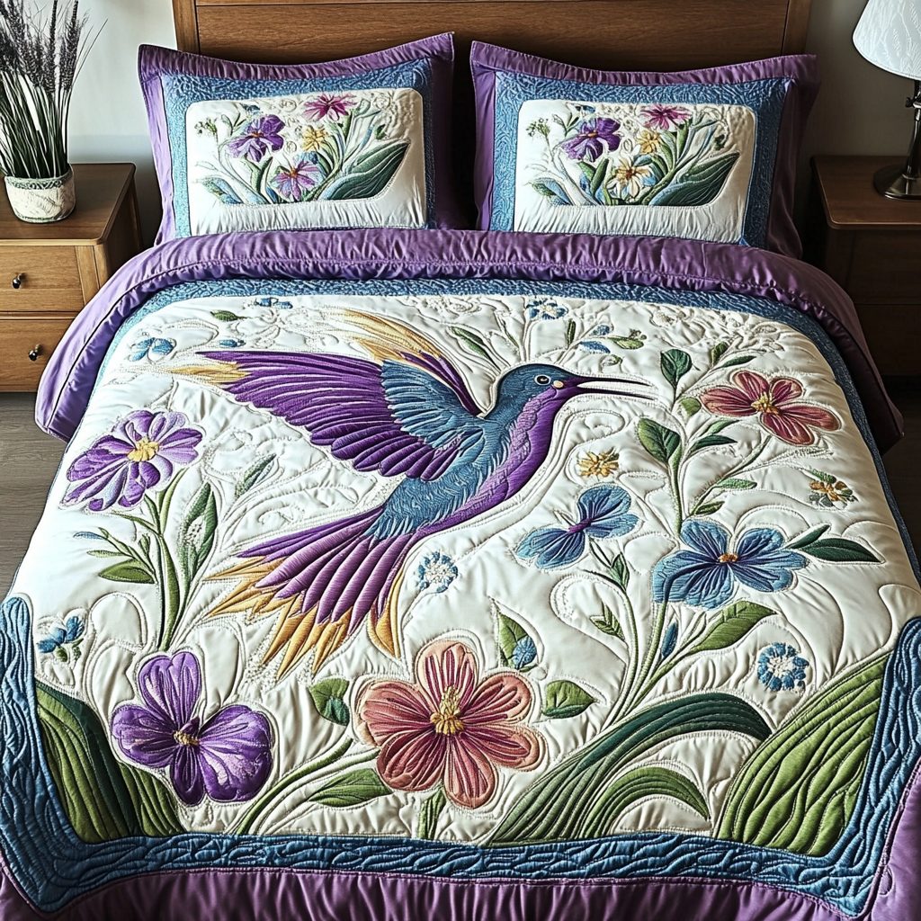 Flutter Bloom quilted 3-piece bedding set on a made bed with two matching pillow shams