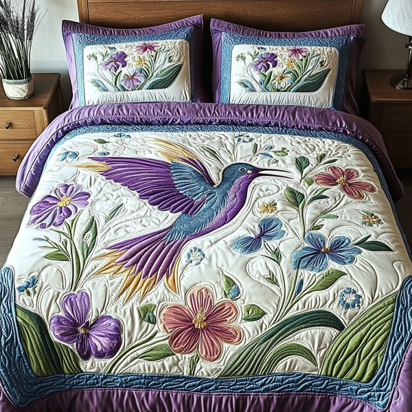 Flutter Bloom quilted 3-piece bedding set on a made bed with two matching pillow shams