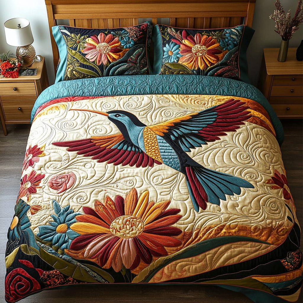 Flutter Breeze quilted 3-piece bedding set on a made bed with two matching pillow shams