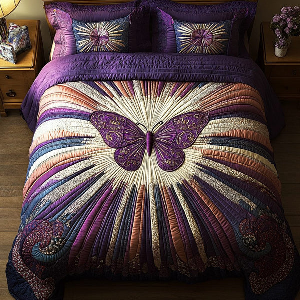 Flutter Dreams quilted 3-piece bedding set on a made bed with two matching pillow shams