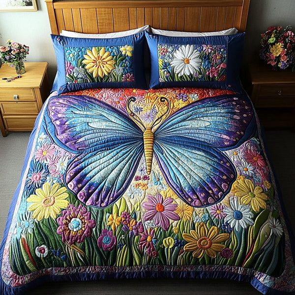 Flutter Garden quilted 3-piece bedding set on a made bed with two matching pillow shams