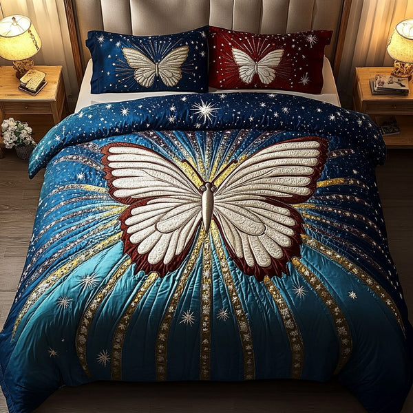 Flutter Grace quilted 3-piece bedding set on a made bed with two matching pillow shams