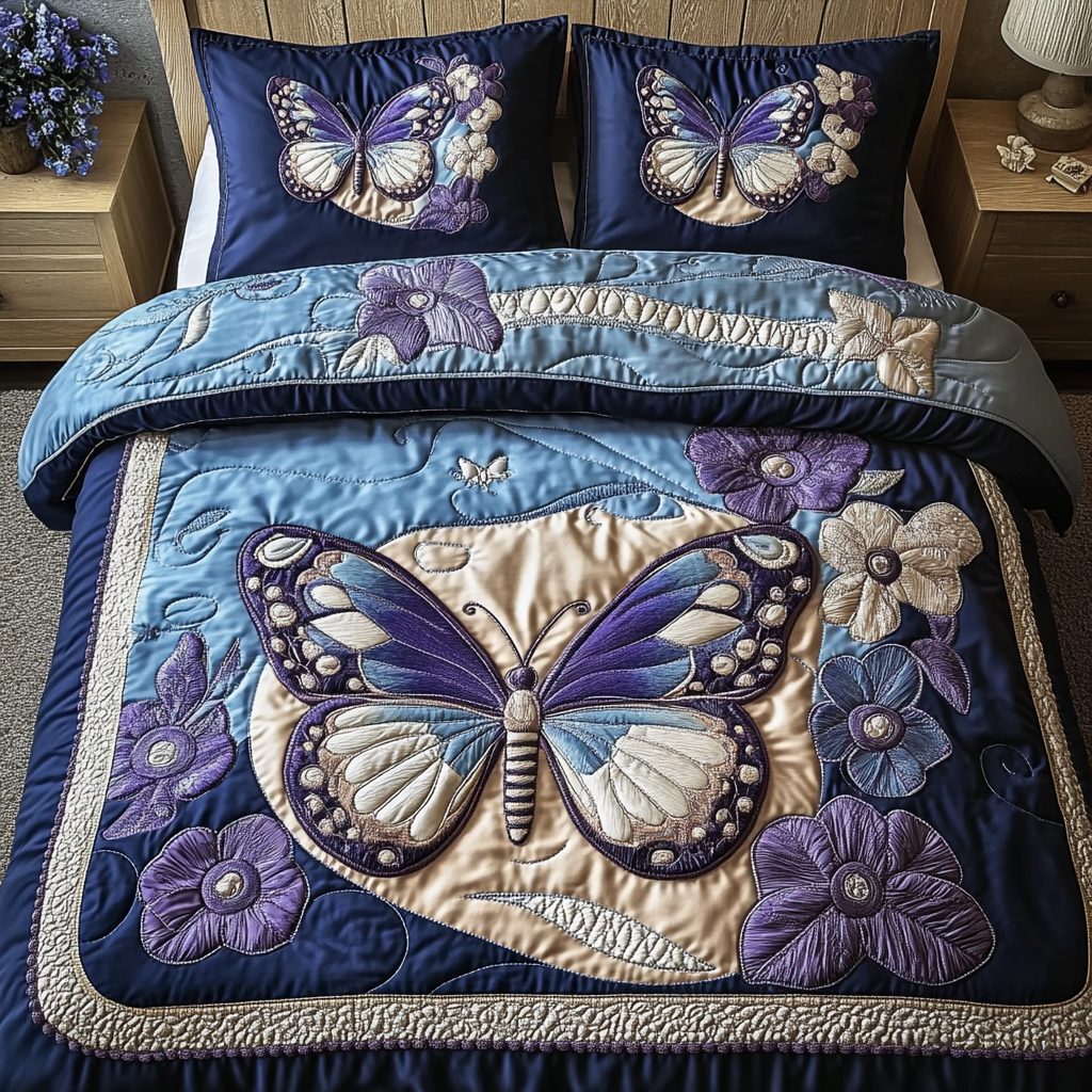 Flutter Grace quilted 3-piece bedding set on a made bed with two matching pillow shams