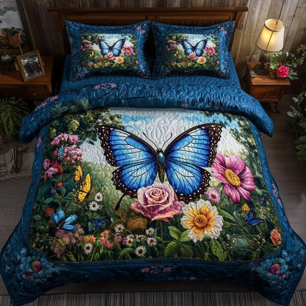 Flutter Grace quilted 3-piece bedding set on a made bed with two matching pillow shams