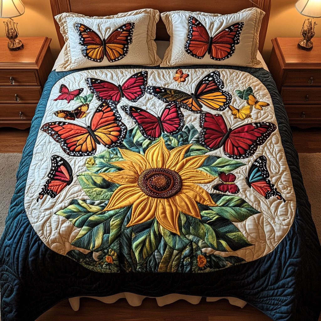 Flutter Haven quilted 3-piece bedding set on a made bed with two matching pillow shams