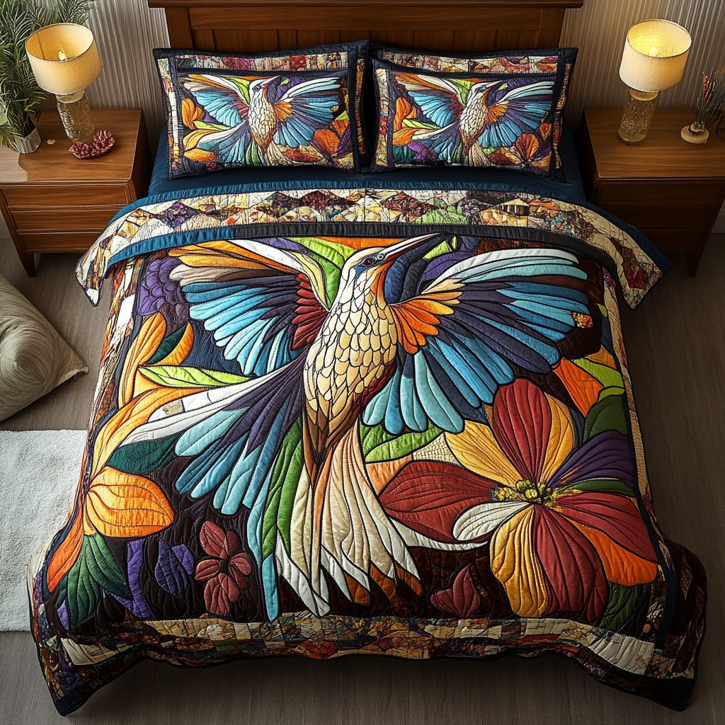 Flutter Jewel quilted 3-piece bedding set on a made bed with two matching pillow shams