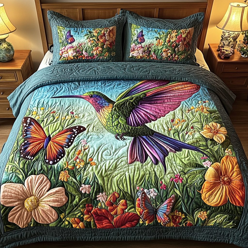 Flutter Wings quilted 3-piece bedding set on a made bed with two matching pillow shams