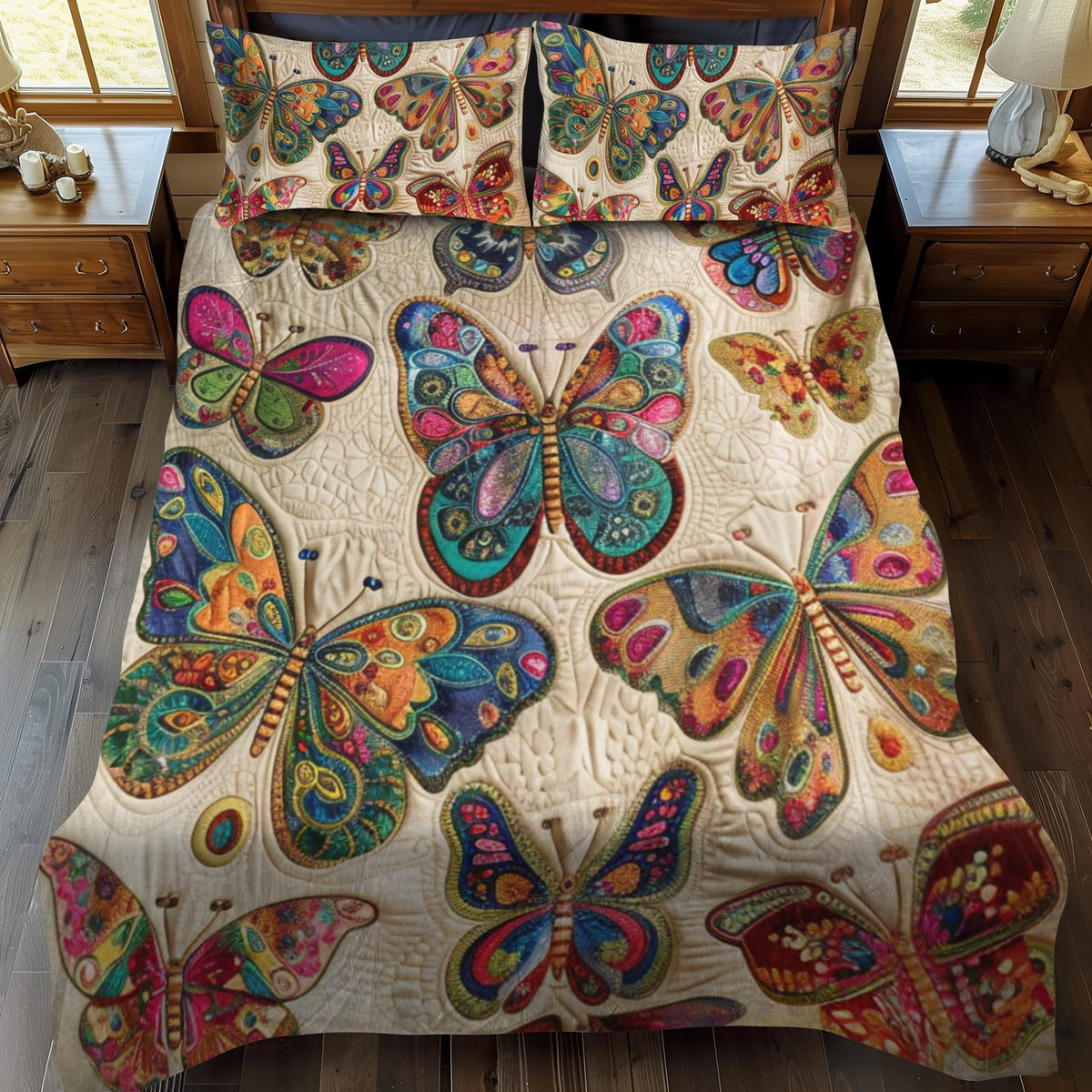 Fluttering Butterfly quilted 3-piece bedding set on a made bed with two matching pillow shams