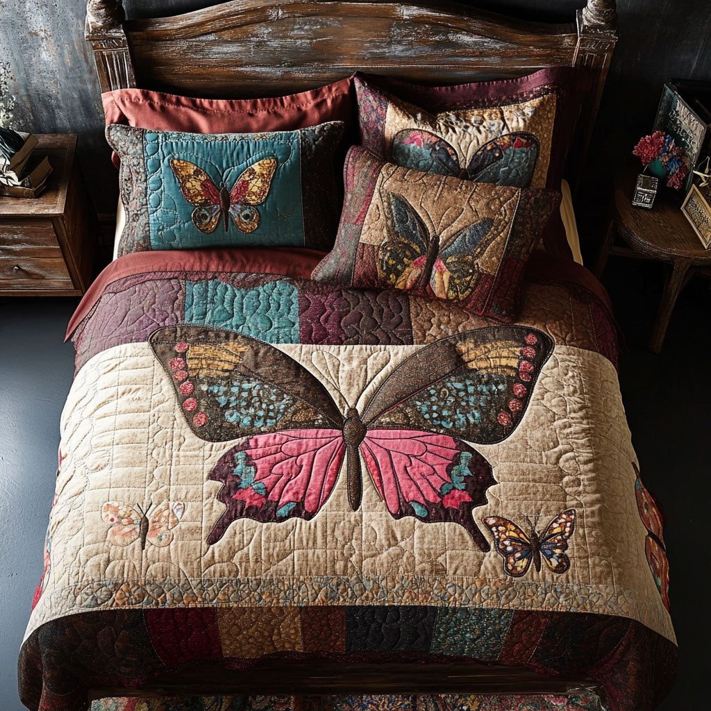 Fluttering Delight quilted 3-piece bedding set on a made bed with two matching pillow shams