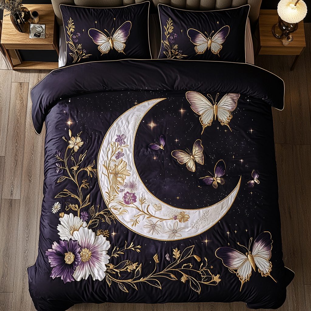 Fluttering Grace quilted 3-piece bedding set on a made bed with two matching pillow shams