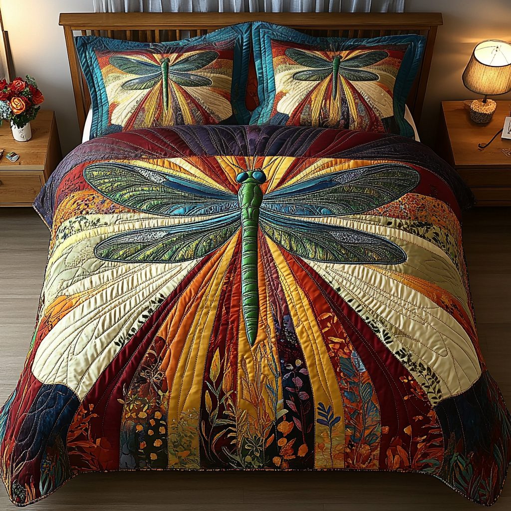 Fluttering Grace quilted 3-piece bedding set on a made bed with two matching pillow shams