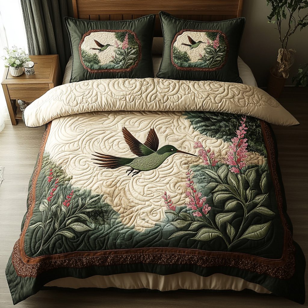 Fluttering Grace quilted 3-piece bedding set on a made bed with two matching pillow shams