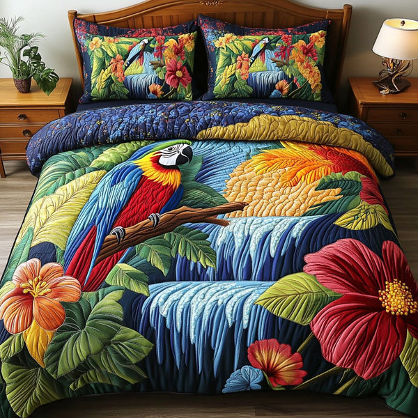 Flying Parrot quilted 3-piece bedding set on a made bed with two matching pillow shams
