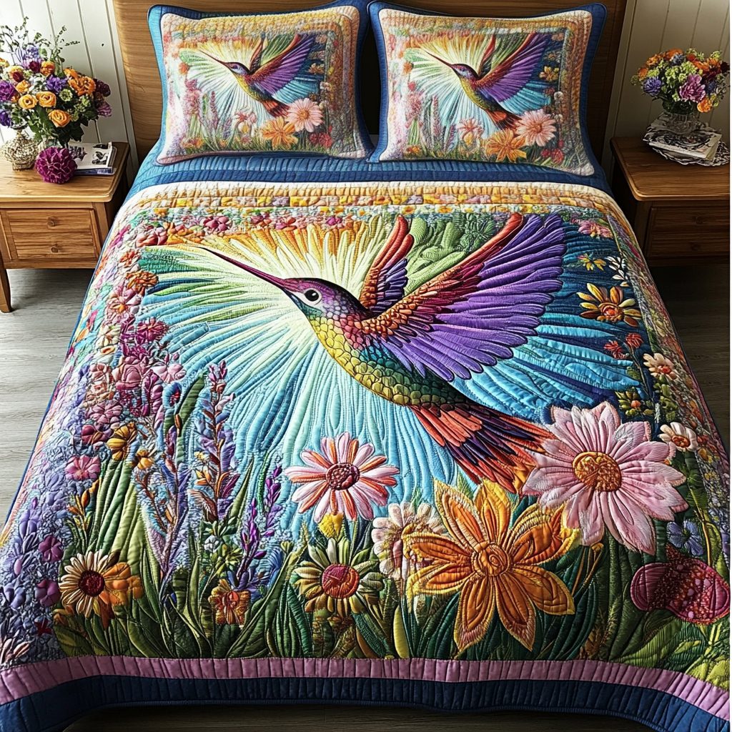 Flying Serenity quilted 3-piece bedding set on a made bed with two matching pillow shams
