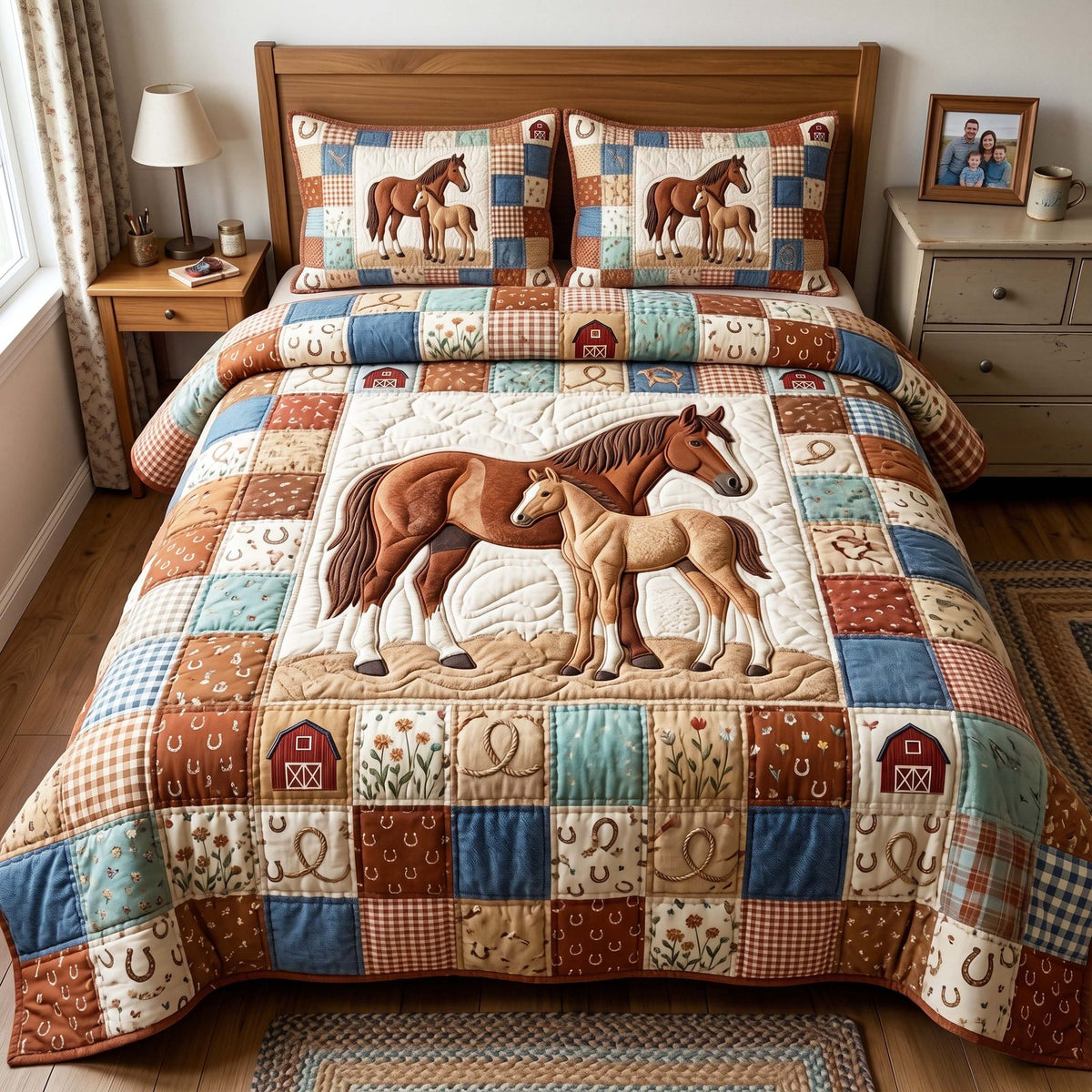Foal Meadow quilted 3-piece bedding set on a made bed with two matching pillow shams