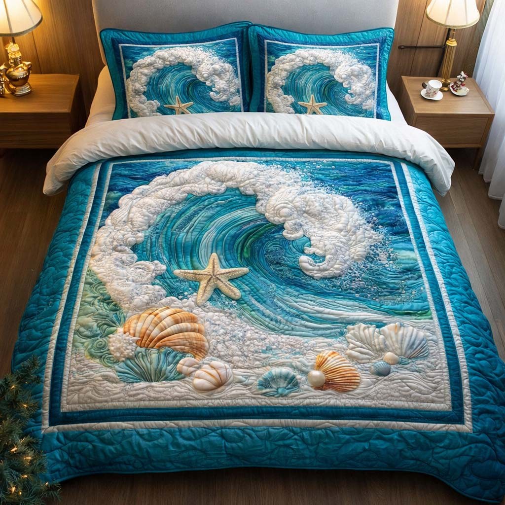 Foamy Wave quilted 3-piece bedding set on a made bed in a light coastal bedroom