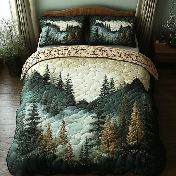 Foggy Forest quilted 3-piece bedding set on a made bed with two matching pillow shams