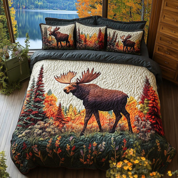 Foliage Stroll quilted 3-piece bedding set on a made bed with two matching pillow shams