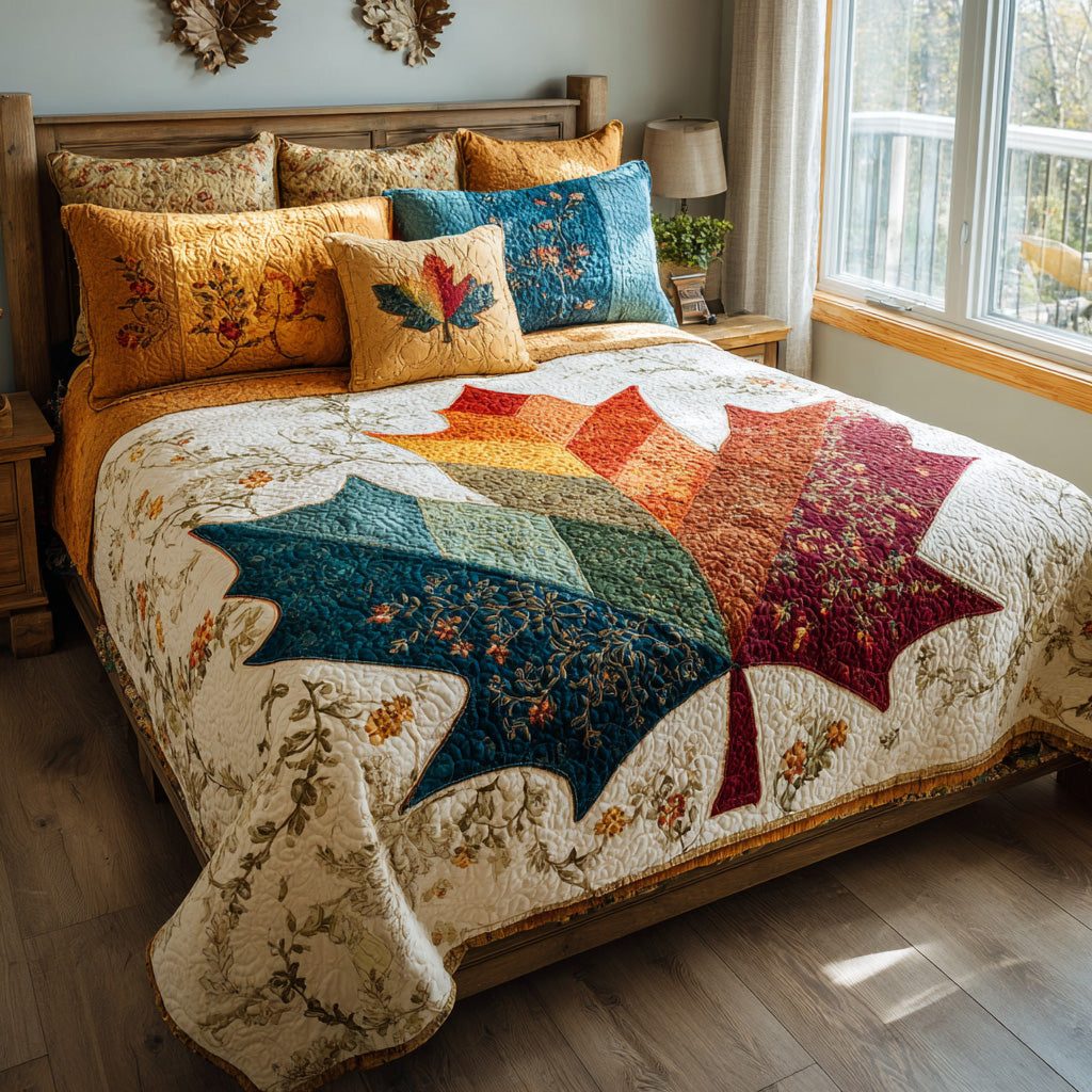 Folk Autumn quilted 3-piece bedding set on a made bed in a farmhouse bedroom