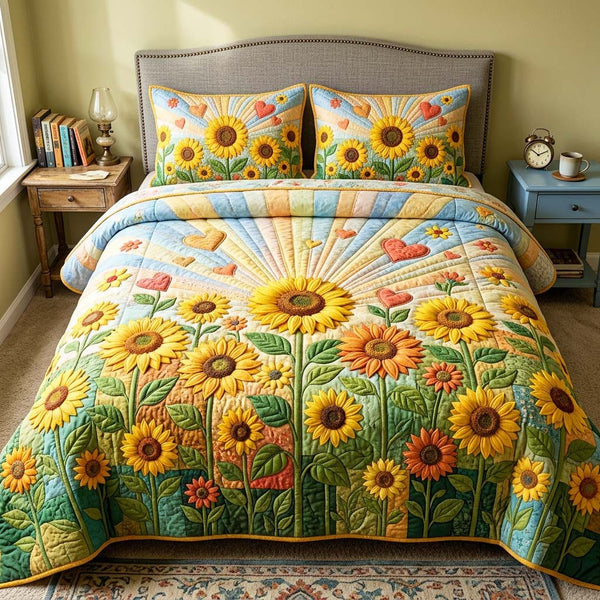 Folk Garden quilted 3-piece bedding set on a made bed in a farmhouse bedroom
