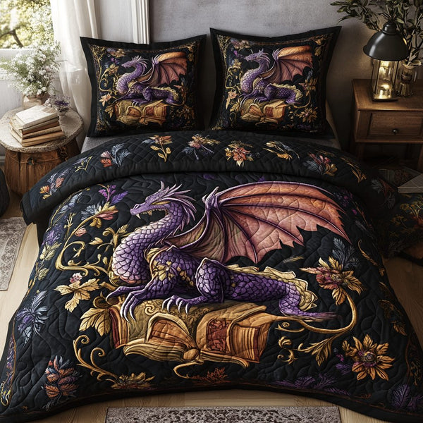 Folklore Dragon quilted 3-piece bedding set on a made bed with two matching pillow shams