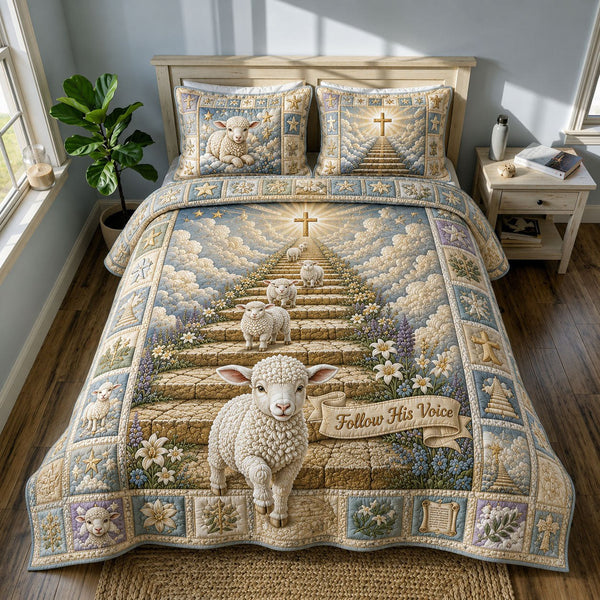 Follow His Voice quilted 3-piece bedding set on a made bed with two matching pillow shams