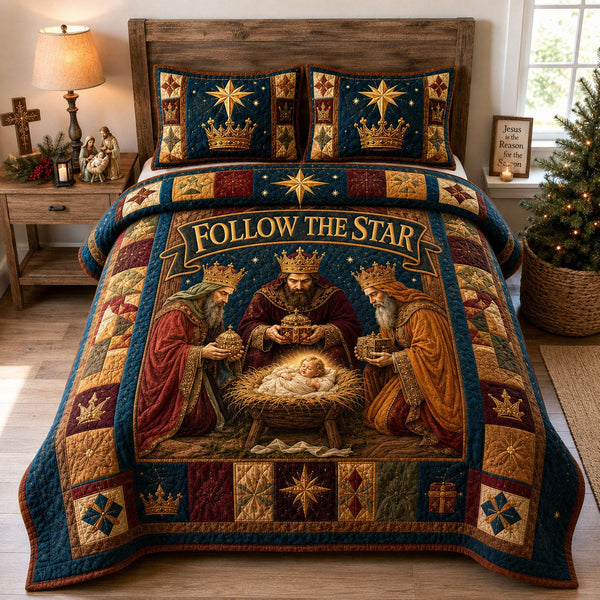 Follow The Star Nativity quilted 3-piece bedding set on a made bed in a winter-styled bedroom