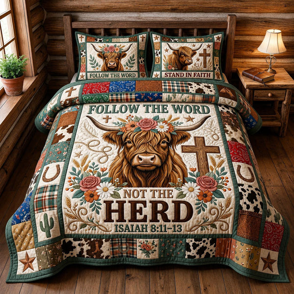 Follow The Word quilted 3-piece bedding set on a made bed with two matching pillow shams