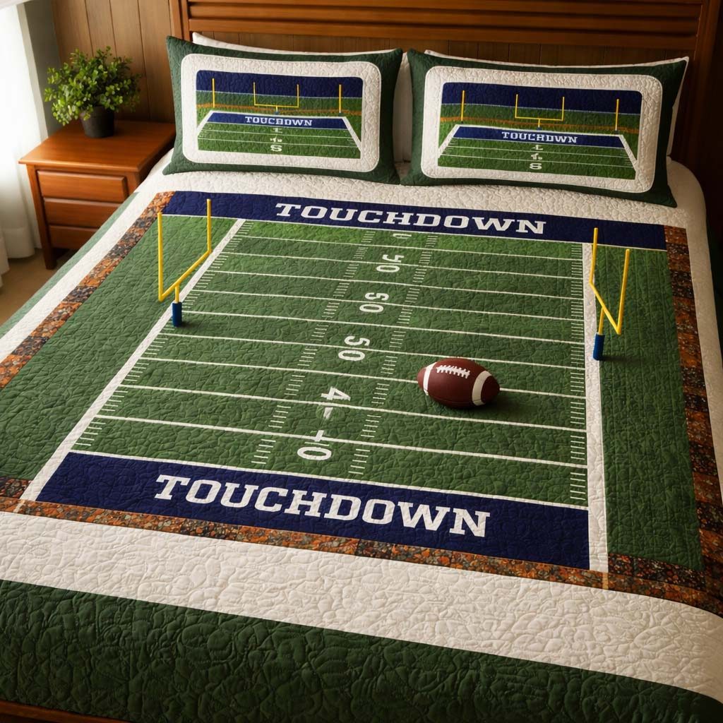 Football Field quilted 3-piece bedding set on a made bed with two matching pillow shams