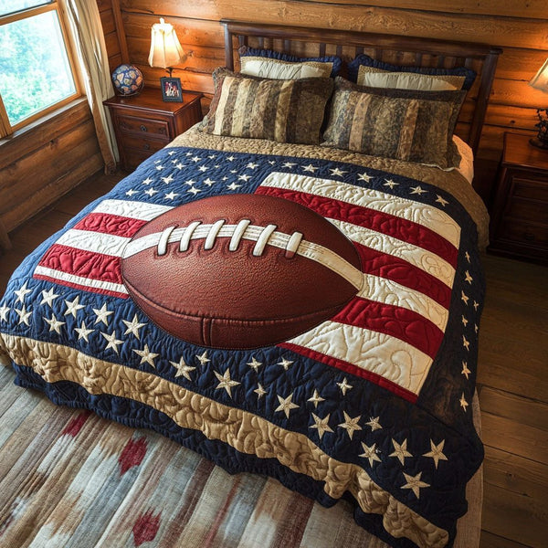 Football Frenzy quilted 3-piece bedding set on a made bed with two matching pillow shams