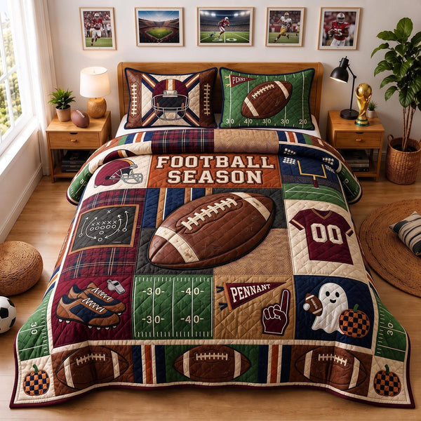 Football Season quilted 3-piece bedding set on a made bed with two matching pillow shams