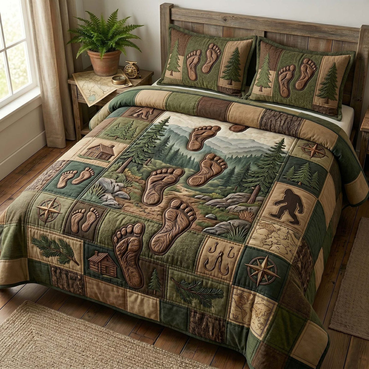 Footprint Trail quilted 3-piece bedding set on a made bed with two matching pillow shams