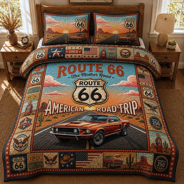 Ford Mustang Route 66 quilted 3-piece bedding set on a made bed with two matching pillow shams