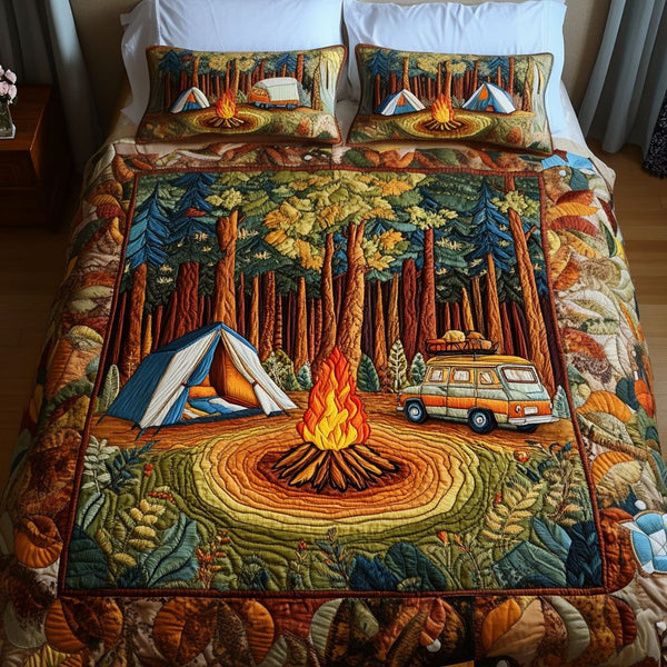 Forest Adventure quilted 3-piece bedding set on a made bed in a winter-styled bedroom