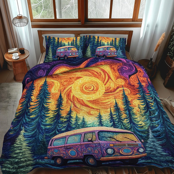 Forest Adventure quilted 3-piece bedding set on a made bed in a winter-styled bedroom