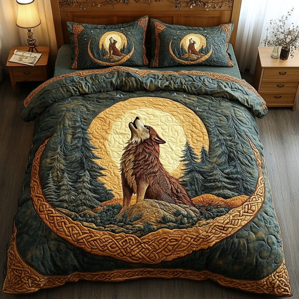 Forest Alpha quilted 3-piece bedding set on a made bed with two matching pillow shams