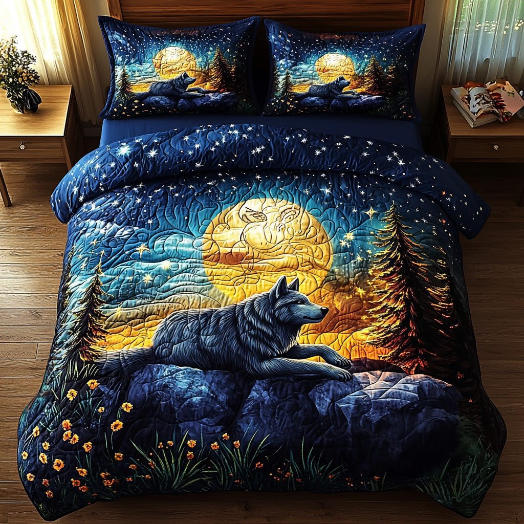 Forest Alpha quilted 3-piece bedding set on a made bed with two matching pillow shams