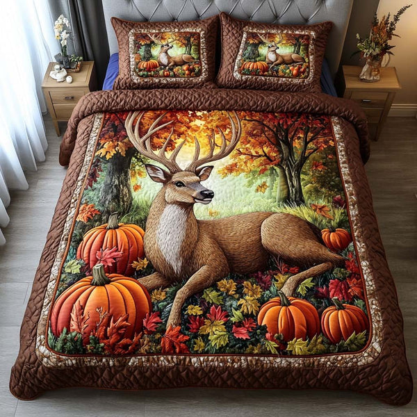 Forest Animal Retreat quilted 3-piece bedding set on a made bed with two matching pillow shams