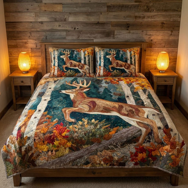Forest Antlers quilted 3-piece bedding set on a made bed with two matching pillow shams