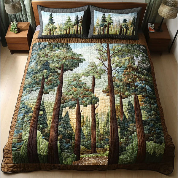 Forest Awakening quilted 3-piece bedding set on a made bed with two matching pillow shams
