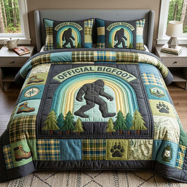 Forest Badge quilted 3-piece bedding set on a made bed with two matching pillow shams