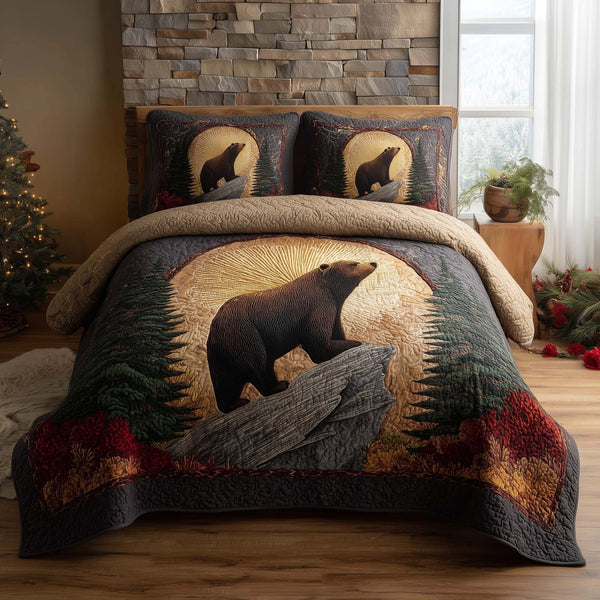 Forest Bear quilted 3-piece bedding set on a made bed with two matching pillow shams
