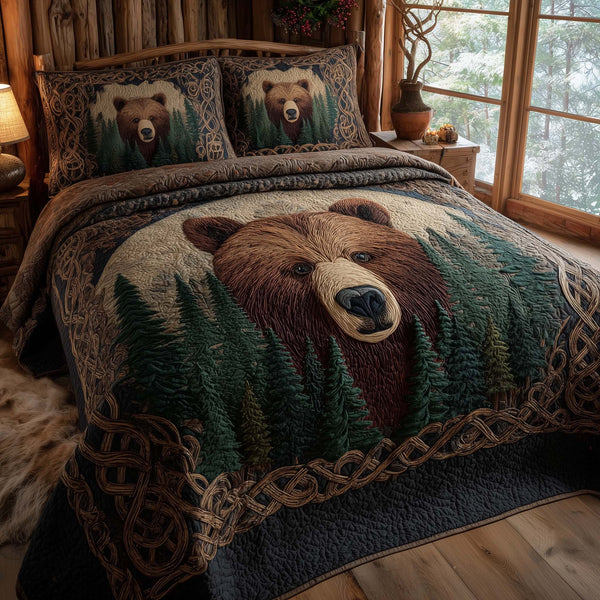 Forest Bear quilted 3-piece bedding set on a made bed with two matching pillow shams