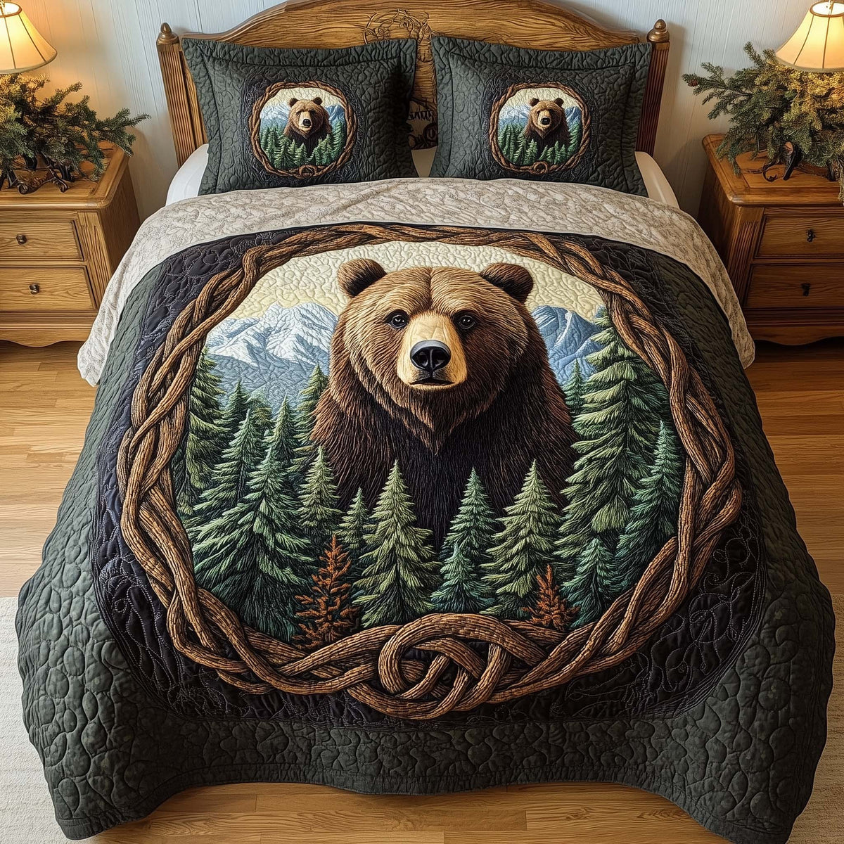 Forest Bear quilted 3-piece bedding set on a made bed with two matching pillow shams