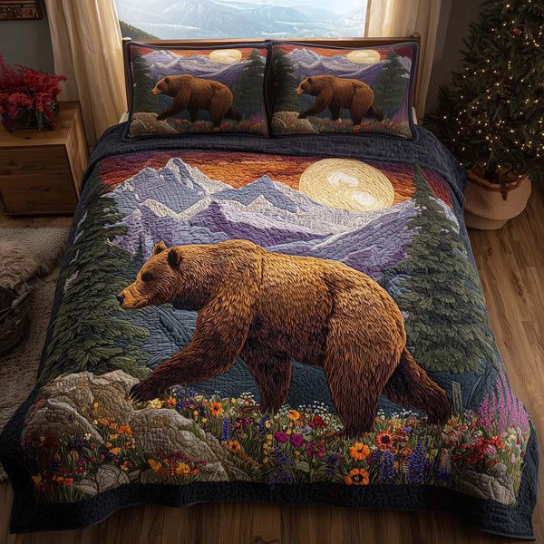 Forest Bear quilted 3-piece bedding set on a made bed with two matching pillow shams